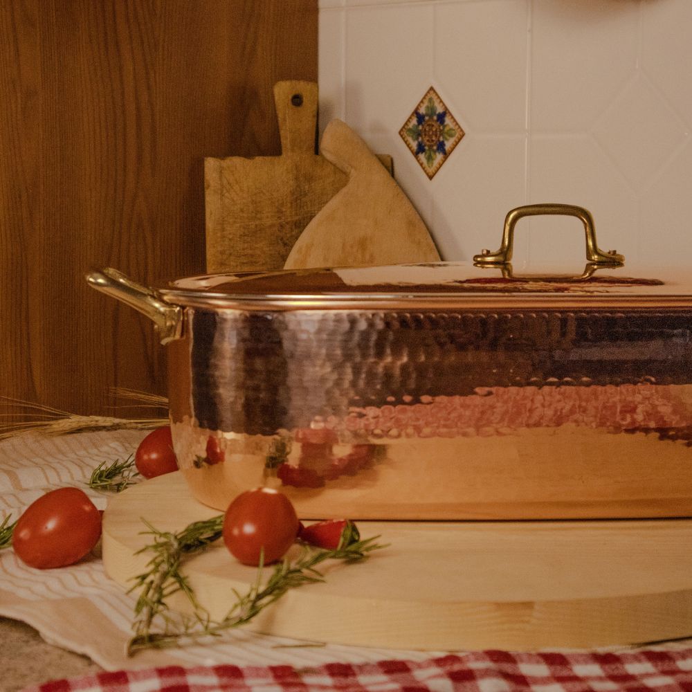 Pesciera in Rame Puro cm 45x21 con Rivestimento in Stagno e Griglia in Acciaio.