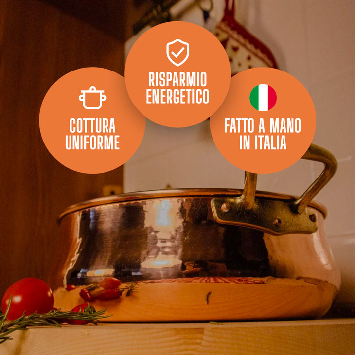 Brasiere 28 cm in Rame Puro con Rivestimento in Stagno