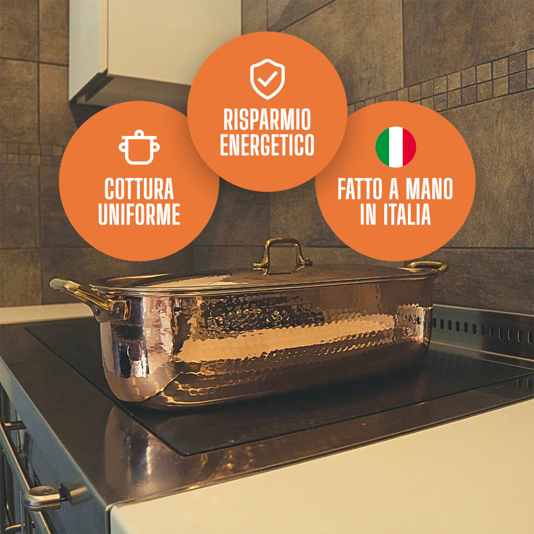 Pesciera in Rame Puro cm 45x21 con Rivestimento in Stagno e Griglia in Acciaio.